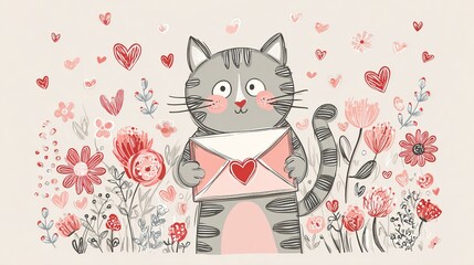 Cute Cat Holding Love Letter Illustration &ndash; Romantic Cute Animal Art, Valentine Cat Drawing