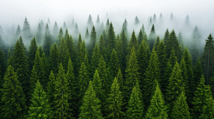Lush evergreen fir forest with gentle morning fog creating tranquil mood