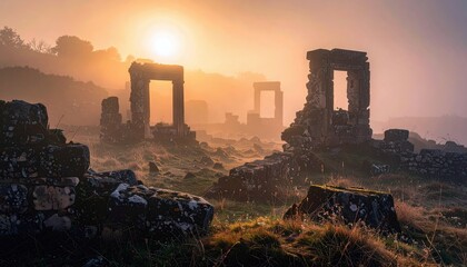 Stone ruins of ancient buildings silhouetted against a sunrise sky with atmospheric fog. The scene evokes a sense of history and mystery.