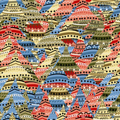 Abstract seamless pattern with colorful patches with geometric and ethnic motifs.eps