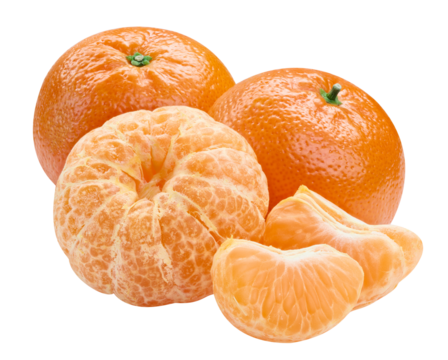 Tangerine fruits and mandarin slices on transparent background. Tangerine with PNG