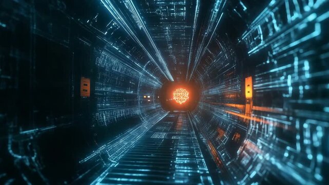 Abstract Digital Tunnel With Glowing Orange Core And Blue Circuitry Background