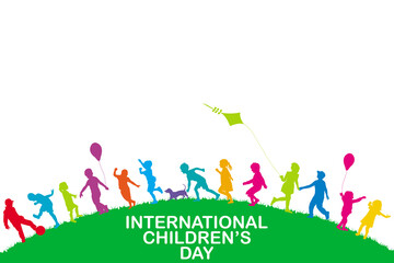 International Children's Day card with colorful silhouettes of children playing outside on a green hill