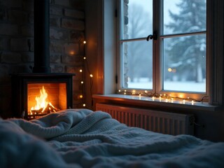 Escape winter's chill with a cozy fireplace and snow-dusted view, promising warmth and relaxation for a tranquil holiday season retreat