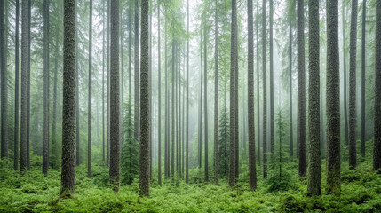 Dense misty forest tall evergreen trunks with soft light and tranquil mood