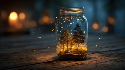 Magical Forest in a Jar with Fireflies &ndash; Fantasy Atmosphere Artwork, Enchanted Lantern Scene