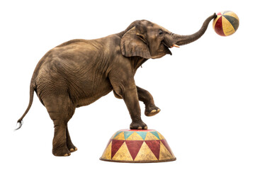 Circus elephant performing a balancing act with a colorful ball on a stage platform, useful for entertainment advertising and zoo promotions.