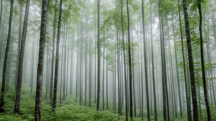 Naklejka premium Misty forest with tall trees, soft green light and tranquil mood