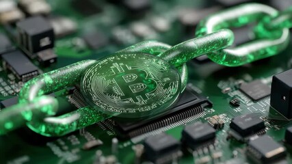 Innovative blockchain technology displayed on a green printed circuit board with a digital bitcoin symbol connecting various components - Powered by Adobe