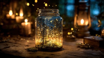 Magical Forest in a Jar with Fireflies &ndash; Fantasy Atmosphere Artwork, Enchanted Lantern Scene