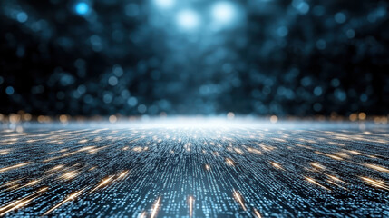 Digital data stream floor with glowing binary lights and motion blur, futuristic mood