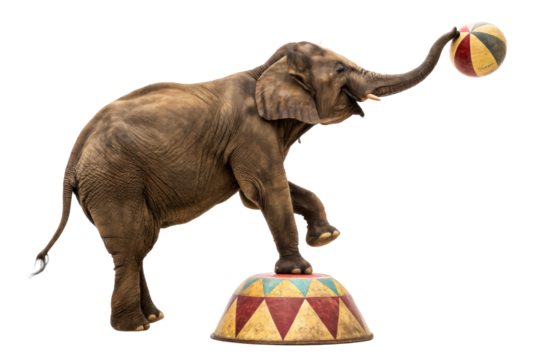 Circus elephant performing a balancing act with a colorful ball on a stage platform, useful for entertainment advertising and zoo promotions.