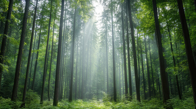 Dense misty forest tall tree sunlight beam tranquil mood green foliage