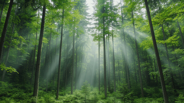 Dense misty forest with sun rays filtering through tall trees creating tranquil mood