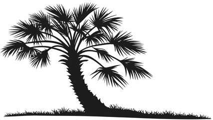 Vector illustration black silhouette of a leaning palm tree with spiky fronds standing on a patch of grass