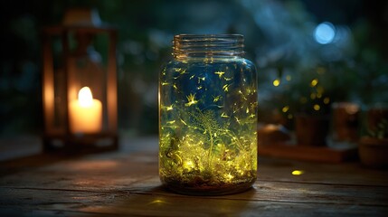 Magical Forest in a Jar with Fireflies &ndash; Fantasy Atmosphere Artwork, Enchanted Lantern Scene