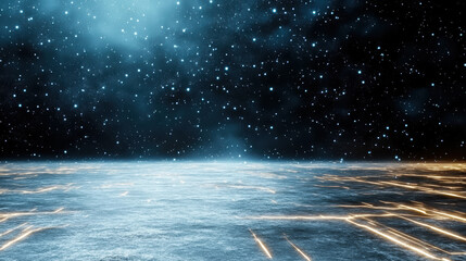 Digital data stream over futuristic grid landscape under starry sky, serene ambient glow