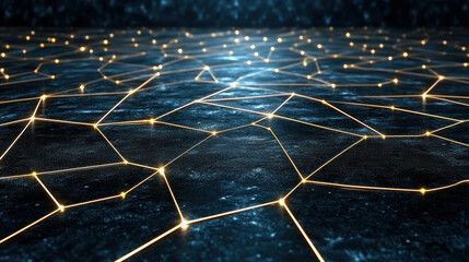 Glowing geometric network on dark metallic surface, warm highlights and futuristic mood