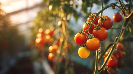 Fresh Ripe Cherry Tomatoes Growing on Vine in Sunlit Greenhouse