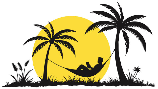 Vector illustration silhouette of a person relaxing in a hammock between two palm trees reading a book against a large yellow sun