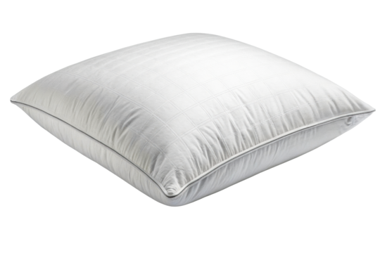 Plump white square pillow with stitched grid texture and piping on edges, ideal for bedding, comfort, or sleep product advertising.