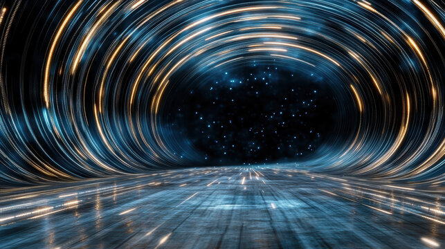 Futuristic tunnel with glowing blue and gold light rings and reflective floor conveying wonder - Powered by Adobe