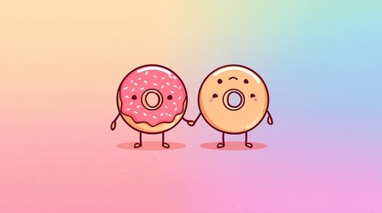 Cute Cartoon Donut Characters Holding Hands on Pastel Background