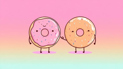 Cute Cartoon Donut Characters Holding Hands on Pastel Background