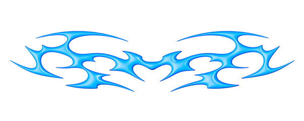 Blue metallic neo tribal shape. Liquid heart sigils and sharp cyber decorative shapes in Y2K style, transparent background