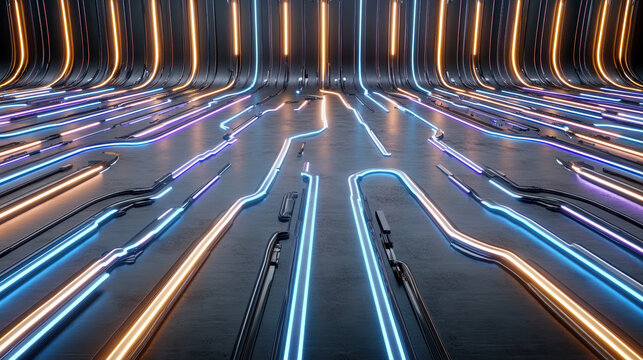 Futuristic neon circuit pathway glowing in metallic tunnel with cool orange blue light