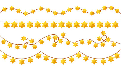 Fototapeta premium David star, light garland on string border. Festive horizontal decoration with golden hanging twinkles for Hanukkah. Jewish holiday decor set. Flat vector illustrations isolated on white background
