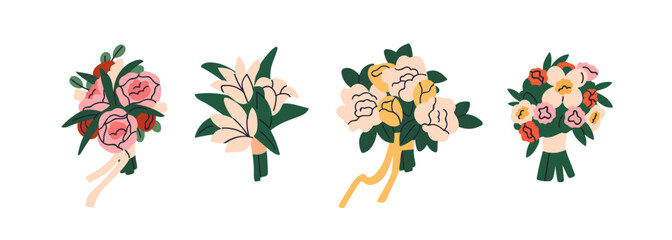 Wedding flower bouquets set. Bridal floral bunches, bundles with ribbon. Bride blossoms and leaf, roses, peonies, blooms. Marriage posies. Flat vector illustration isolated on white background