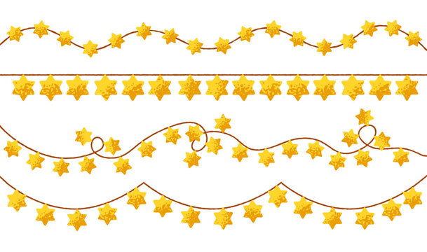 David star, light garland on string border. Festive horizontal decoration with golden hanging twinkles for Hanukkah. Jewish holiday decor set. Flat vector illustrations isolated on white background