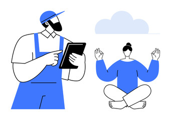 Worker in cap and overalls holding tablet, standing next to person meditating under a soft cloud. Ideal for mindfulness, work-life balance, technology, relaxation, productivity, wellness, simplicity
