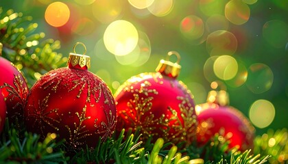 Macro Christmas Background: Red Baubles on Pine Needles with Bright Green and Gold Bokeh Lights. Festive Close-up.
