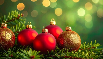 Beautiful Christmas Background: Close-up of Red Baubles Resting on Green Pine Branches with Sunny Bokeh.