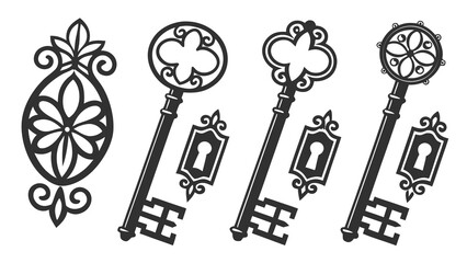 Obraz premium Vector illustration collection of three ornate antique skeleton keys with decorative keyhole escutcheons and a floral element