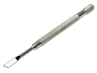 Professional metal cuticle pusher tool with textured grip for precise nail care and manicure procedures, ideal for beauty salons and personal grooming.