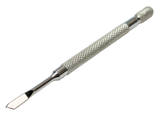 Professional metal cuticle pusher tool with textured grip for precise nail care and manicure procedures, ideal for beauty salons and personal grooming.