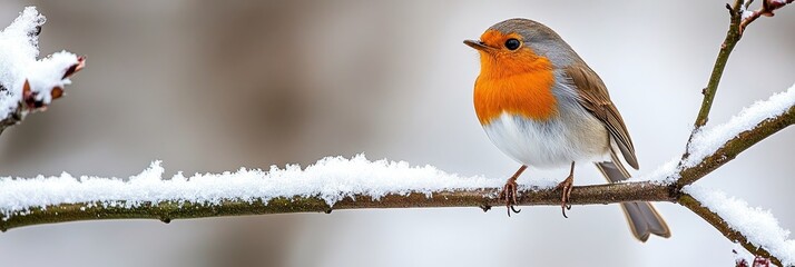Charming European robin perched gracefully on a snow-covered branch in a serene winter landscape.