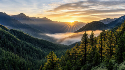 Early morning mountain sunrise with golden rim light over misty valley