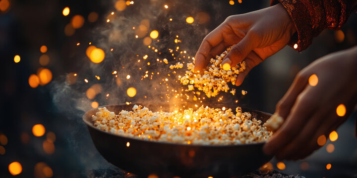 Hand holding popcorn and sesame seeds, performing an offering during the Lohri festival, symbolizing abundance, new beginnings, and traditional winter harvest celebrations near a bonfire