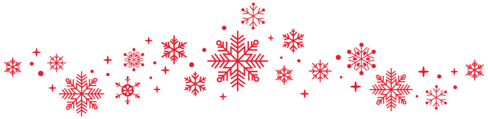 red snowflake border with sparkling stars on white background, elegant winter decorative divider perfect for Christmas greeting cards, New Year banners, invitations.