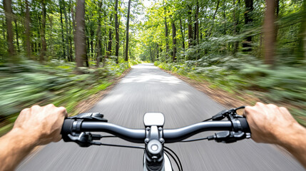 Hands gripping bicycle handlebar on forest path with motion blur, adventurous cycling ride