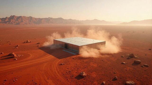 Stunning high-altitude 4K video of a data center amidst red desert plains and ethereal dust fog, offering a futuristic and isolated tech landscape