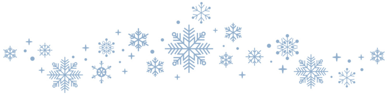 blue snowflake border with sparkling stars on white background, elegant winter decorative divider perfect for Christmas greeting cards, New Year banners, invitations.