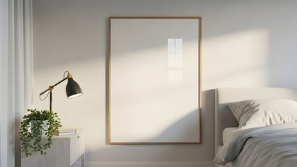 Interior setting of light airy bedroom featuring blank frame on wall for personal decoration concept background for two hundred characters
