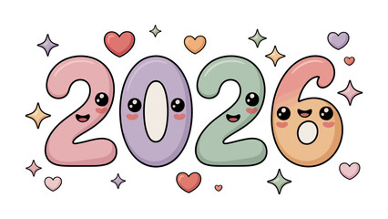 A Cheerful Countdown: The year 2026 is brought to life with a cute and playful illustration, with each number sporting a charming face. Embodying fun, joy.
