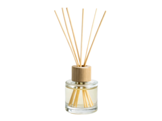 Aromatherapy diffuser with natural wood accent and clear liquid in glass bottle with rattan reeds for home fragrance and relaxation, perfect for wellness products and spa promotions.
