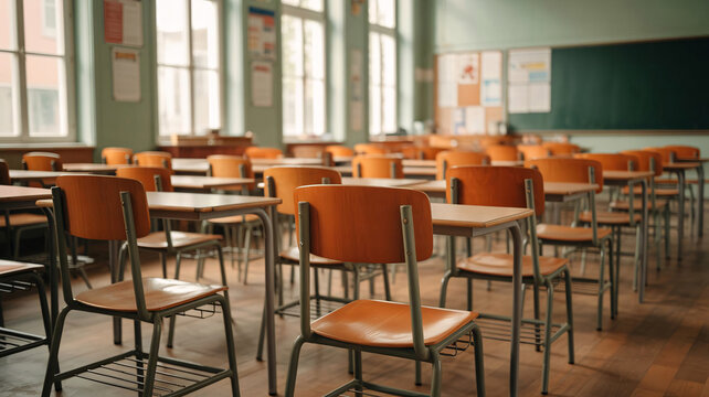 Empty classroom with wooden desks and metal chairs as natural light illuminating the chalkboard - Powered by Adobe
